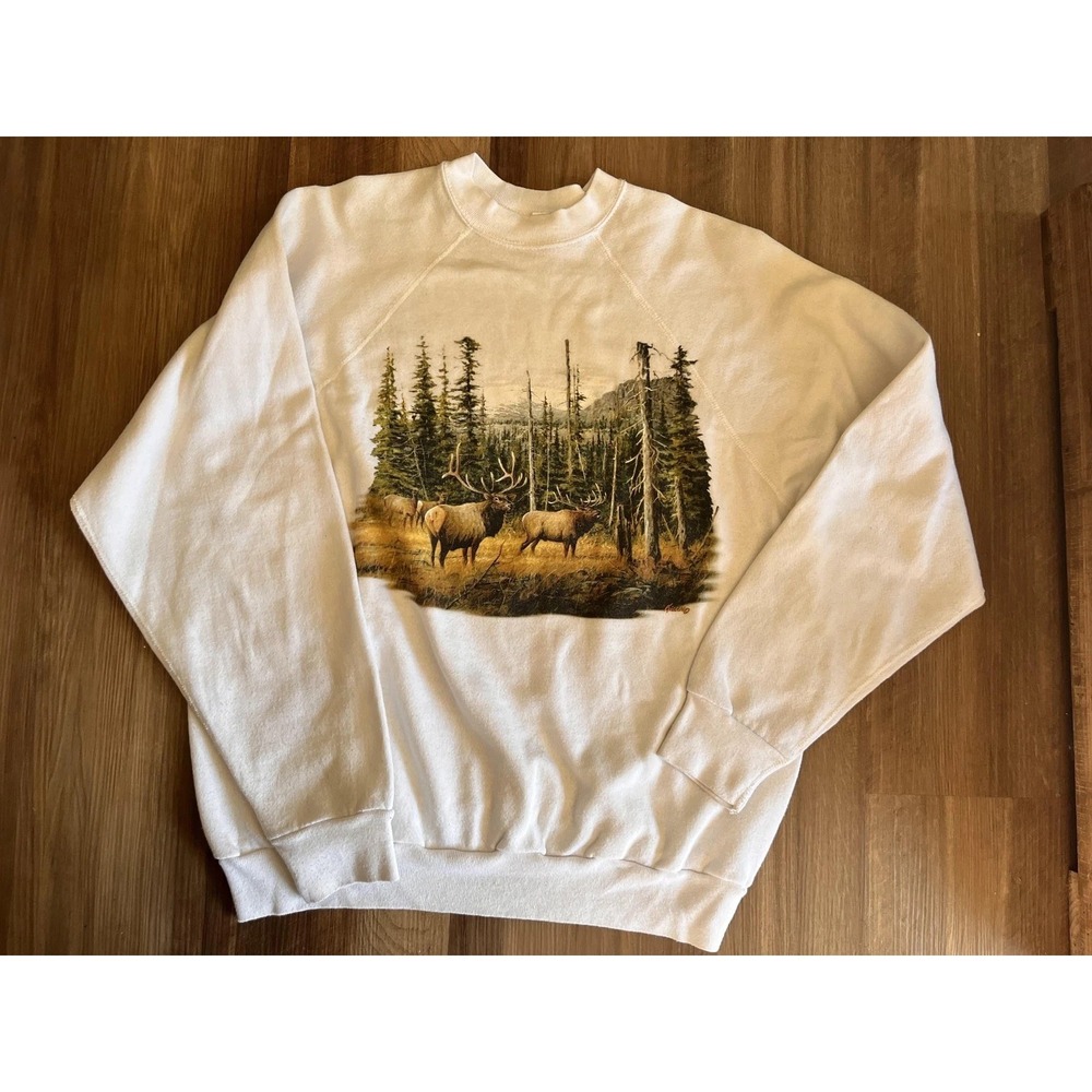 Vintage Tultex Sweatshirt Mens XL White Elk Deer Forest Crewneck Graphic USA 90s